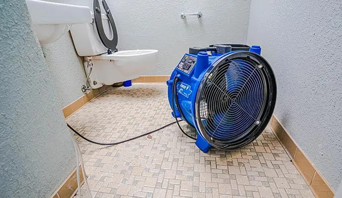 Blue air mover drying a tiled bathroom floor beside the toilet