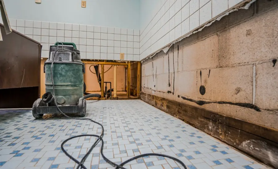 Wet vacuum extractor on a tiled floor in a room with the lower walls cut open